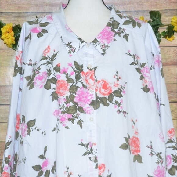 Roaman's 6X 44W White Button Front Blouse Top Pretty Pink Rose Floral Cottage - Picture 2 of 9